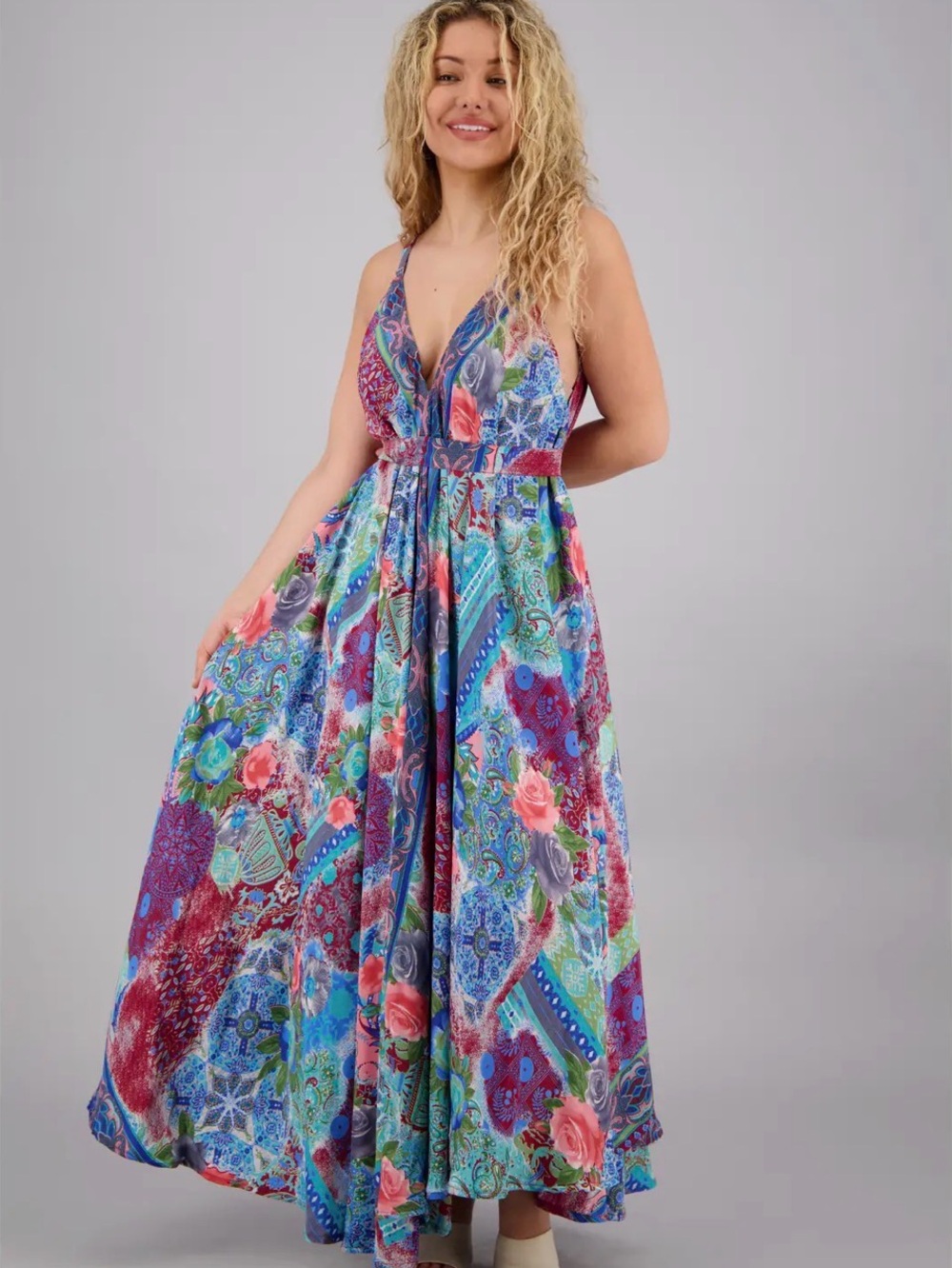 0315.  Vibrant Floral Patchwork Maxi Dress - Blue/Purple